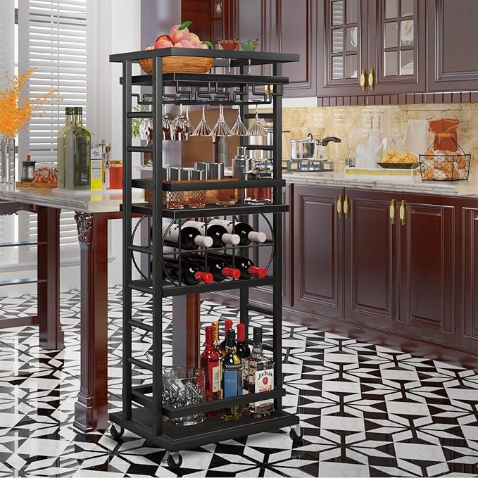 4 Tier Bar Cart with Wheels, Home Bar Serving Cart, Rolling Mini Wine Cart with Wine Rack and Glass Holder, Drink Cart for Dining Room, Living Room, Kitchen, Bar and Outdoor Black
