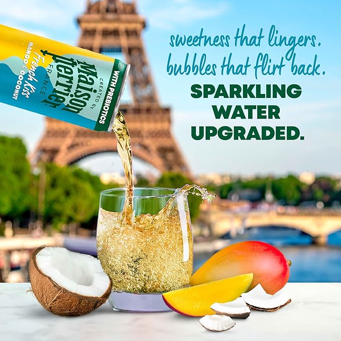 Maison Perrier French Kiss Sweetened Sparkling Juice Beverage, Mango & Coconut Flavors With Real Fruit Juices, 24Pk