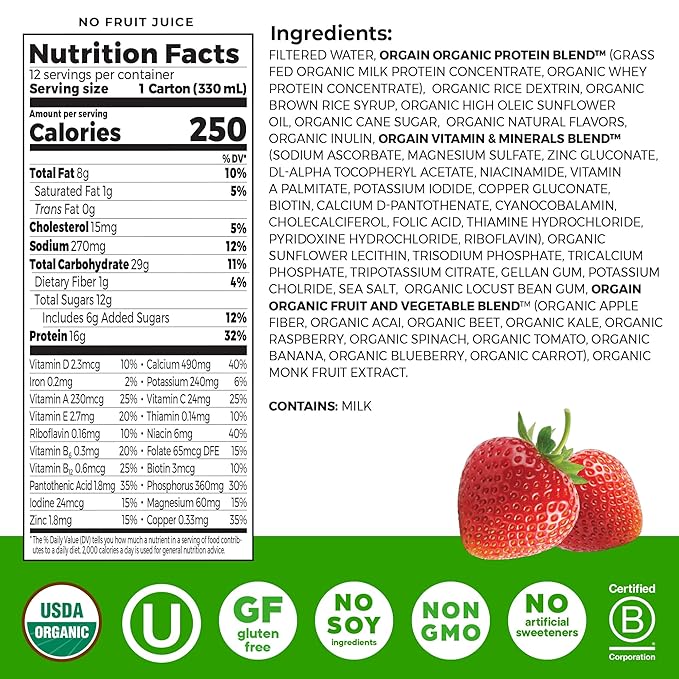 Orgain Organic Nutritional Protein Shake,Strawberries & Cream - 16g Grass Fed Whey Protein,Meal Replacement,20 Vitamins & Minerals,Fruits-& Vegetables,Gluten Free,Non-GMO,11 Fl Oz,(Pack of 24)
