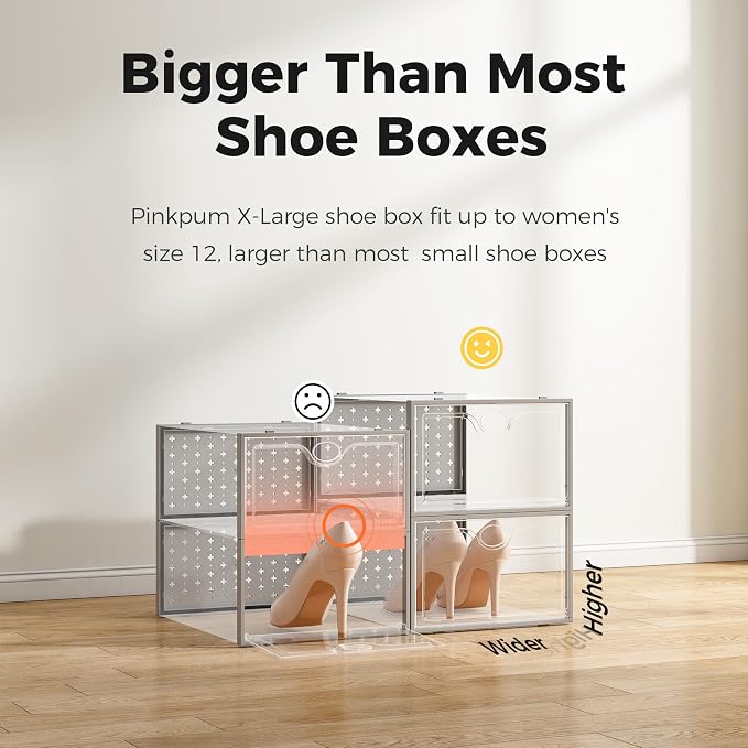 Pinkpum 12 Pcs XLarge Shoe & Sneaker Storage Organizer Box Clear Plastic Stackable Closet Grey