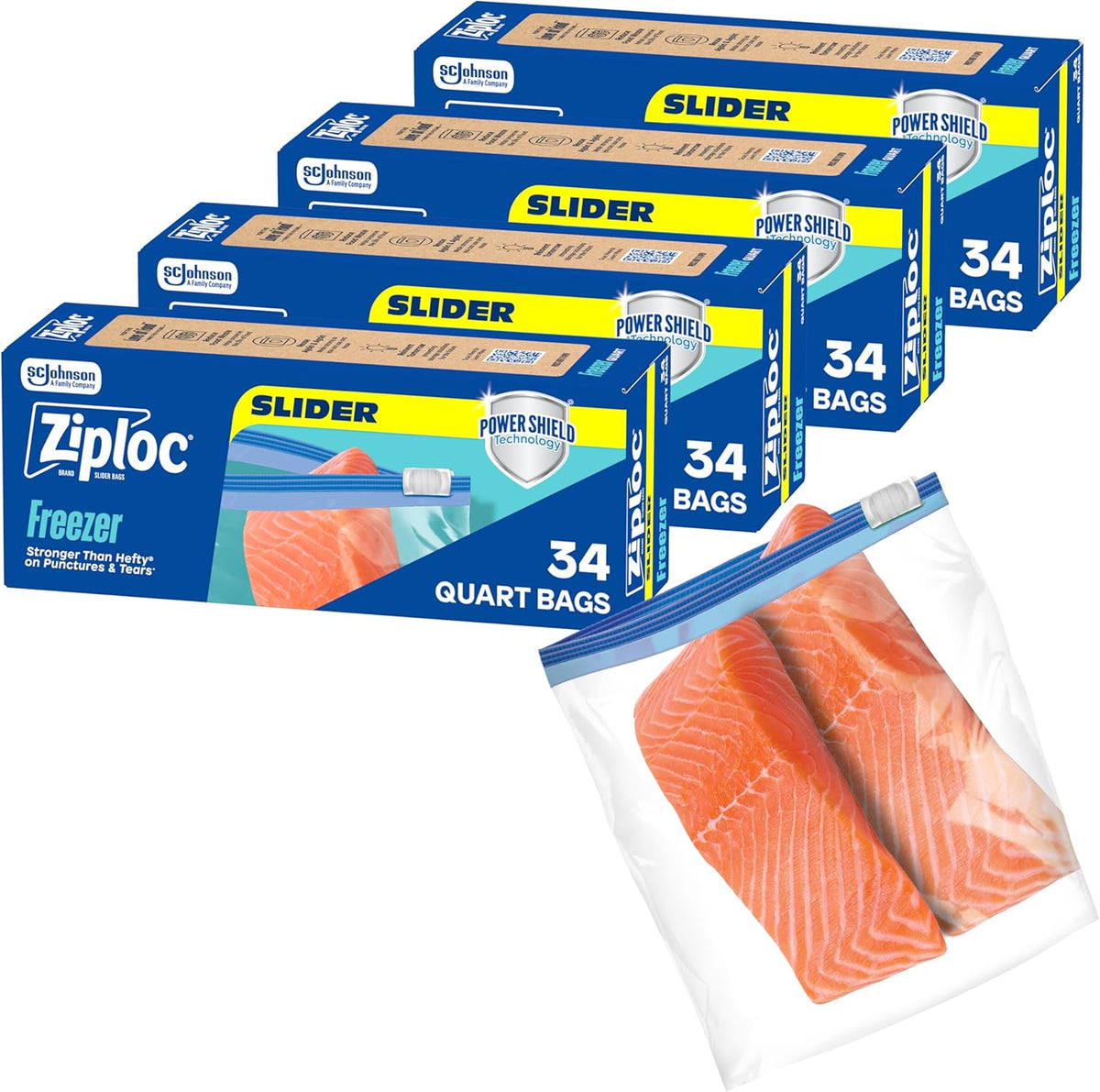 Ziploc Quart Food Storage Freezer Slider Bags, Power Shield Technology for More Durability, 34 count, 4 Pack, 136 Total (Packaging May Vary)