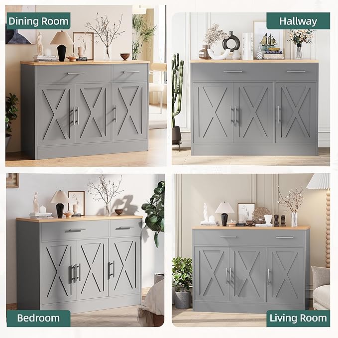 Shintenchi Modern Farmhouse Sideboard Buffet Cabinet with Storage with 3 Doors,42" Barn Doors Buffet Cabinet with Storage,Wood Coffee Bar Cabinets with Adjustable Shelf for Kitchen,Living Room,Grey