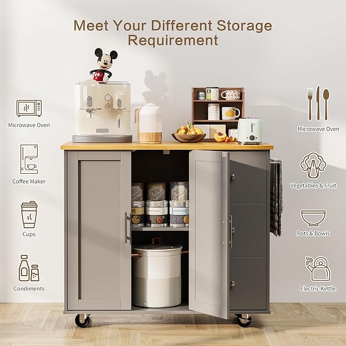 SUNLEI Kitchen Island on Wheels with Storage Cabinet & Foldable Drop Leaf, Rolling Kitchen Table, Cart Handle for Towel Rack, Drop Leaf, Portable Islands for Kitchen (Cement Gray, 39.7-INCH)