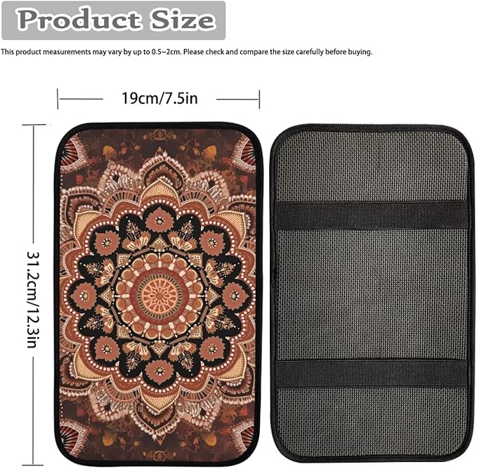 Boho Flower Print Center Console Cushion for Cars Decorative Automotive Armrest Seat Box Cover for Women Universal Fit Van SUV Truck Sedan, Brown