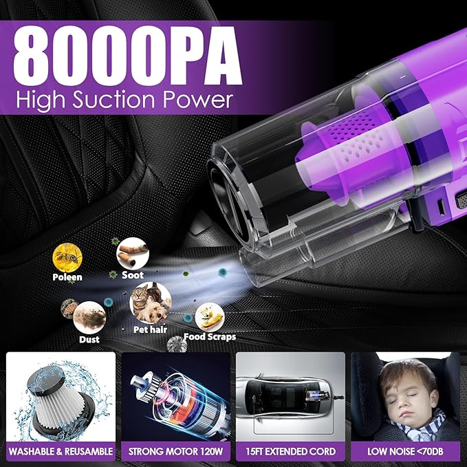 Viewsun 30 PCS Car Cleaning Kit, Purple Car Interior Detailing Kit with High Power Handheld Vacuum, Detailing Brush Set, Windshield Cleaner, Cleaning Gel, Complete Auto Accessories for Women Gift