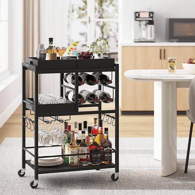 TUTOTAK Bar Cart, Home Bar Serving Cart, 3-Tier Kitchen Cart on Wheels, Rolling Beverage Cart with Wine Rack and Glass Holder, Black BC01BK037