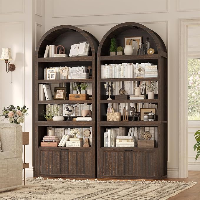 81" Tall Arched Cabinets,Bookcase with Drawer storage,Mid-Century Modern 5-Tier Bookshelf,2 Book Risers and Adjustable Shelves offering more storage space for Living Room,Kitchen,Home Office,Walnut