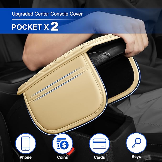 Center Console Cover Compatible with Chevrolet/Chevy Blazer Leather Car Armrest Cover with Storage Pockets.,Anti-Scratch Auto Armrest Pad Accessory （Beige