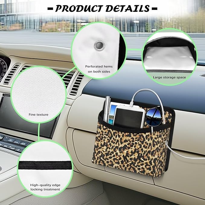 Renewold Gold Leopard Print Car Side Pocket Organizer Holder for Cell Phone Sunglasses Cards Front Back Seat Storage Pocket for Car Small Auto Console Door Window Storage Bag for Interior Organizer