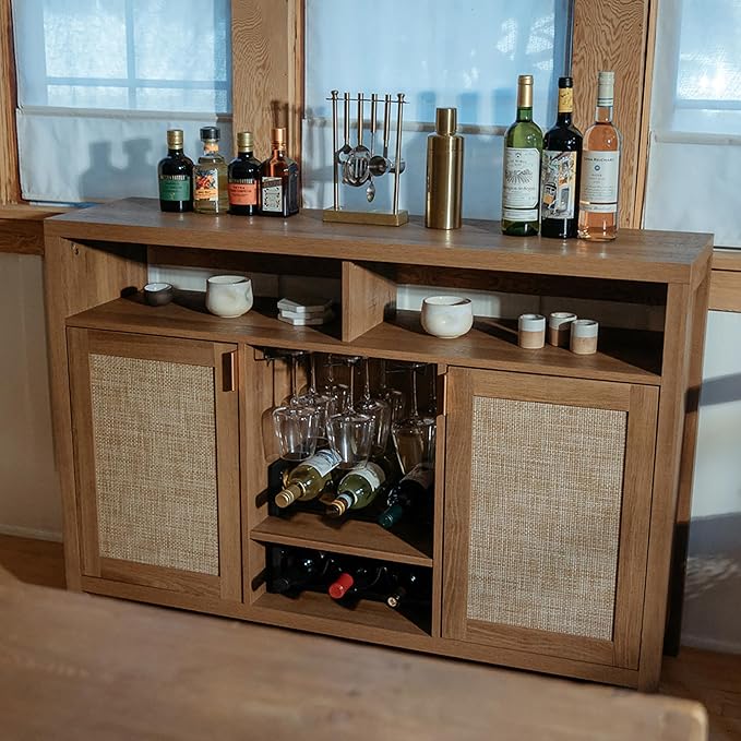 SICOTAS 51" Coffee Bar Cabinet Bar Cart with Storage, Wine Bar Cabinets Boho Home Bar Table, Rattan Sideboard Buffet with 2 Doors, Coffee Station with Wine Racks for Living Dining Room Entryway