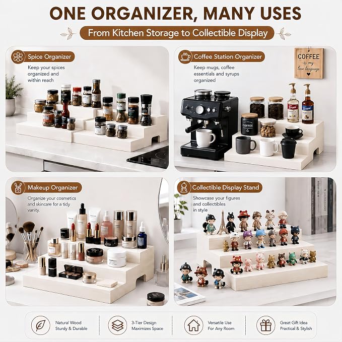 Expandable Wooden Can Organizer for Pantry, Adjustable 3-Tiered Shelf Holds 24 Cans, Rack for Cabinet & Countertop, Space Saving Holder for Small Kitchens & Apartments, White