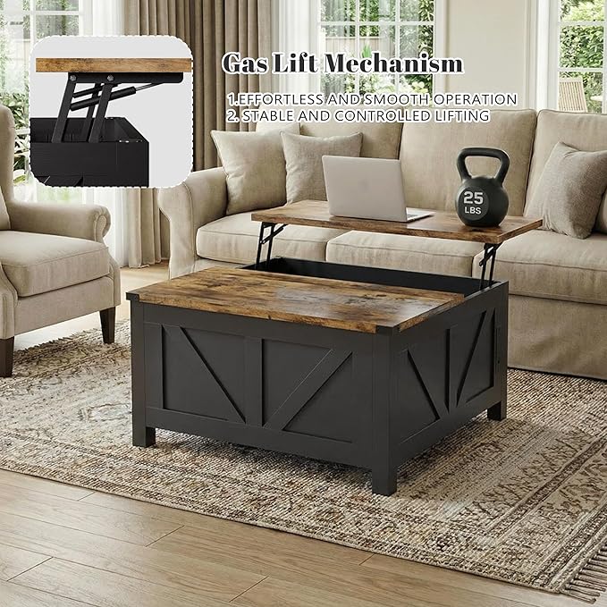 35” Farmhouse Coffee Table with Large Storage, Rustic Wood Lift Top Coffee Table for Living Room, Square Center Table with Charging Station&USB, Modern Port Pottery Barn Lift top Table