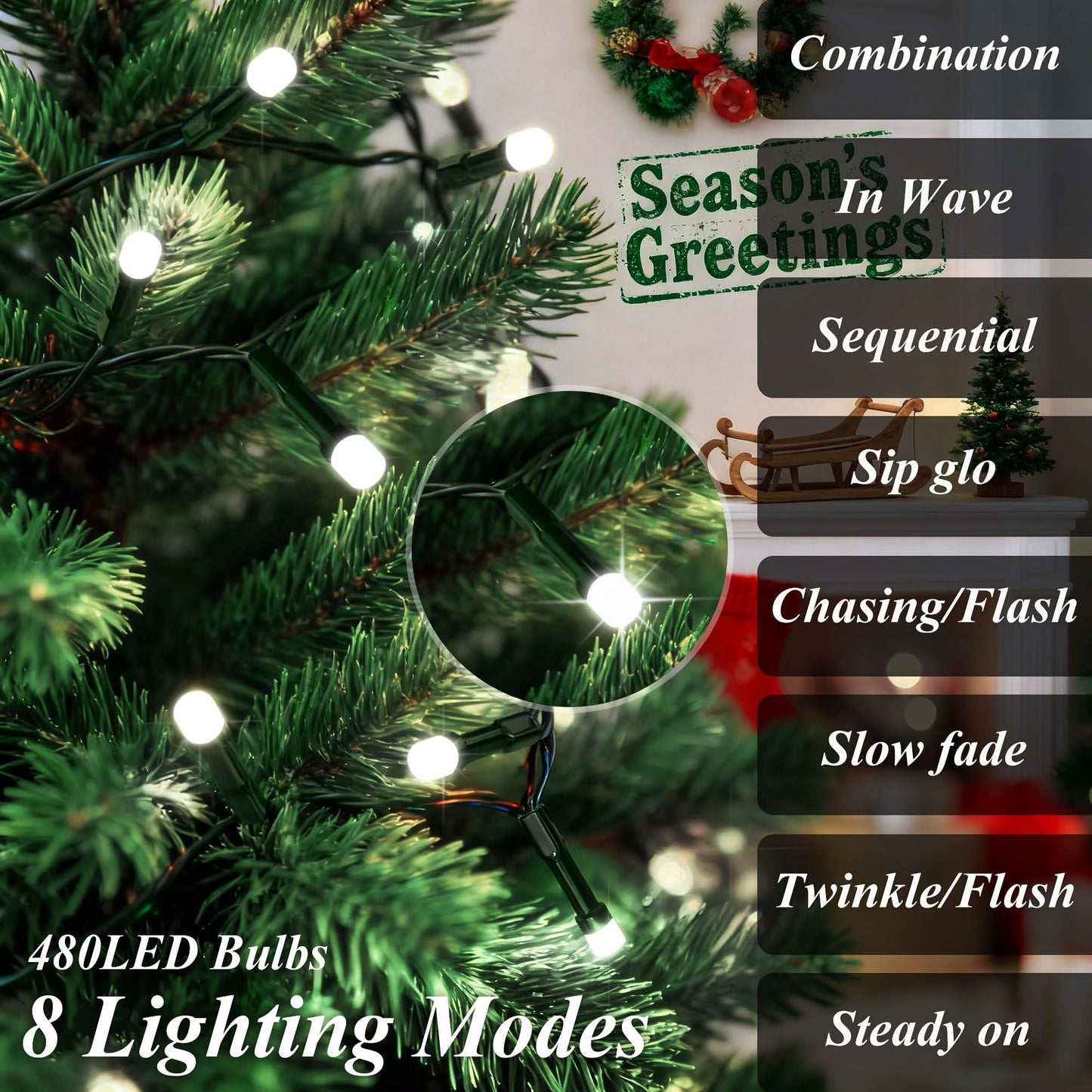 aneeway Christmas String Lights, 480 LEDs, 8 Lighting Modes, 9.84FT, Cold White, Model SW-LSL-03-480, Remote & Timer