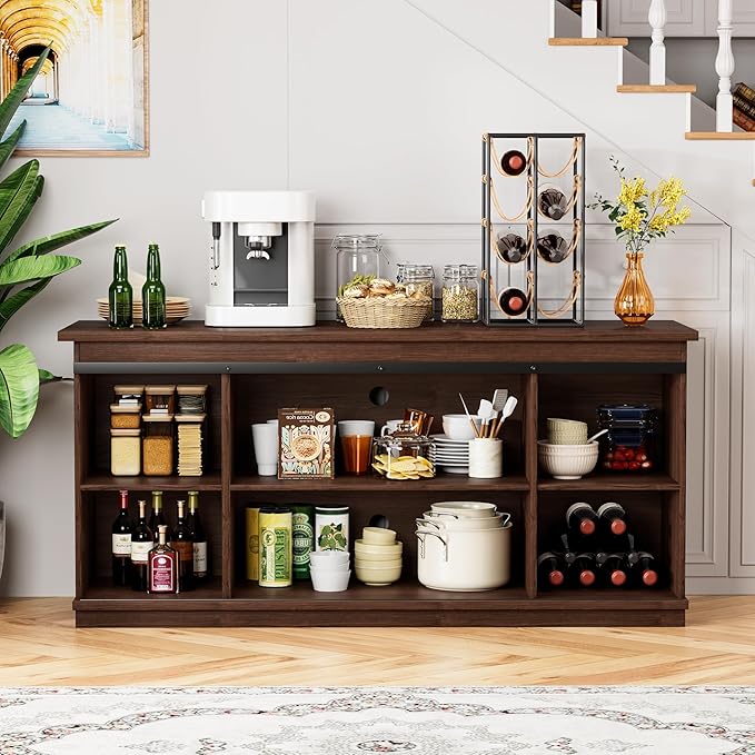 Shahoo Farmhouse Sideboard Buffet Cabinet, Coffee Bar Storage with Sliding Barn Doors, Shelf for Home Dining Room, Espresso