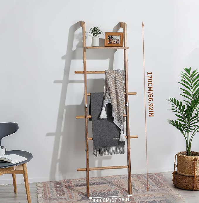 DELITON Blanket Ladder, 5-Tier Wooden Farmhouse Style Towel Rack with Shelf and Hooks, Wall Leaning Decorative Ladder for Living Room, Bedroom, Bathroom