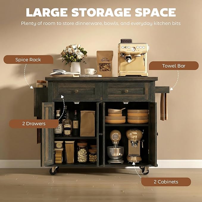 HOMCOM Kitchen Island Cart with Rubber Wood Top, Rolling Kitchen Island Table on Wheels with Drawers, Adjustable Shelves, Spice Rack and Towel Rack for Dining Room, Brown Oak