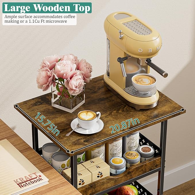 Giwil 4-Tier Rolling Kitchen Cart, Microwave Stand with Wooden Top Coffee Station Table Snack Rack Organizer, Utility Cart on Wheels for Onions Potatoes, Black