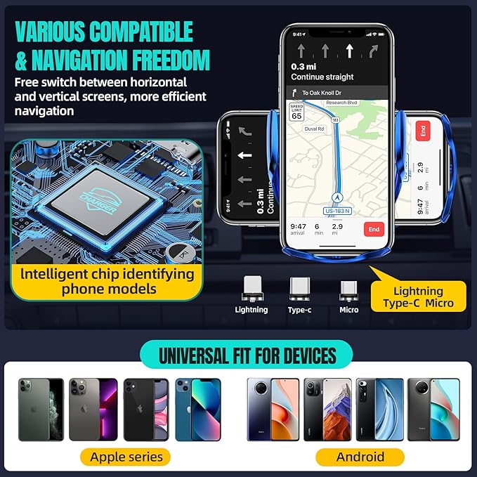 Wireless Car Charger, MAX 15W Fast Charging Auto Clamping, Sensing Phone Holder Mount, fit for iPhone 16 15 14 13 12 Pro Max Xs X, Samsung Galaxy S24 Ultra S23 S22 S21 S20 Note 20 (3-Blue)