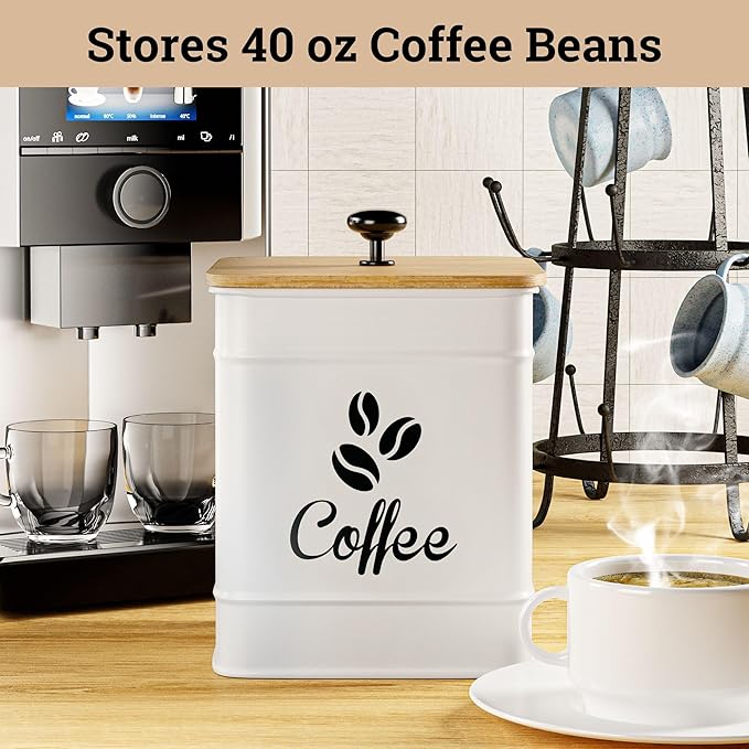 Airtight Coffee Canister - 40 oz Large Iron White Coffee Container Airtight - 6 x 8 inch Metal Jar - Stylish Countertop Container for Coffee Grounds, Beans, Pods & More with Rubber-Lined Bamboo Lid
