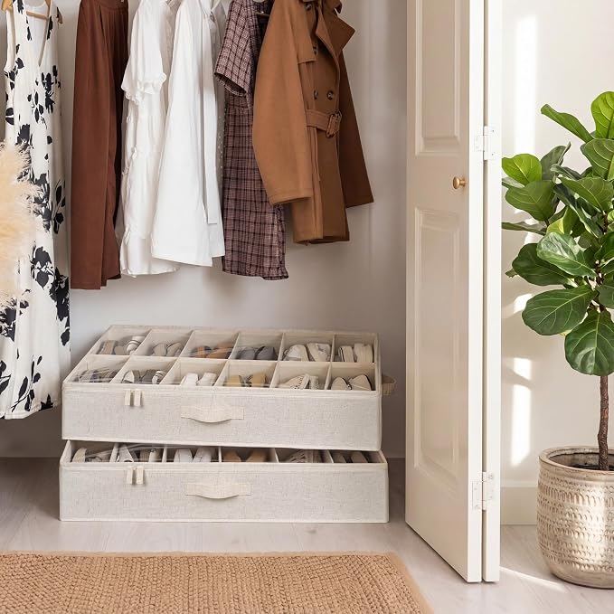 StorageWorks Underbed Shoe Storage Organizer for Closet, 2-Pack Fabric Under Bed Shoe Organizer with Adjustable Dividers, Fits up to 24 Pairs, Beige(Natural Texture)