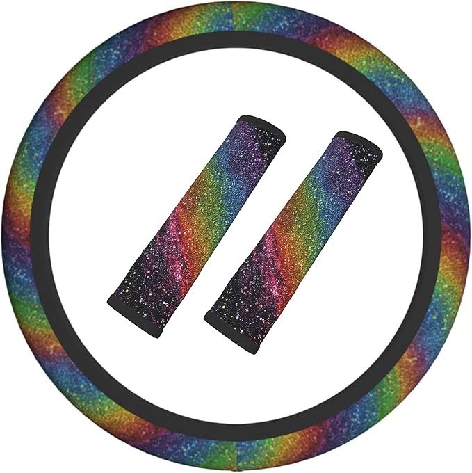Rainbow Steering Wheel Cover Elastic Non-Slip Car Steering Wheel Covers with Seat Belt Shoulder Pad for Women Men