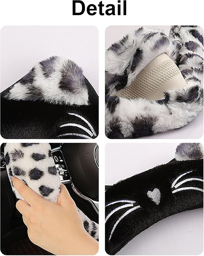 Dotesy 3D Ear Furry Cheetah Car Steering Wheel Cover Set Fluffy Faux Wool Steering Wheel Protector Leopard Anti-Slip Soft Warm Car Accessories for Women (White Khaki)