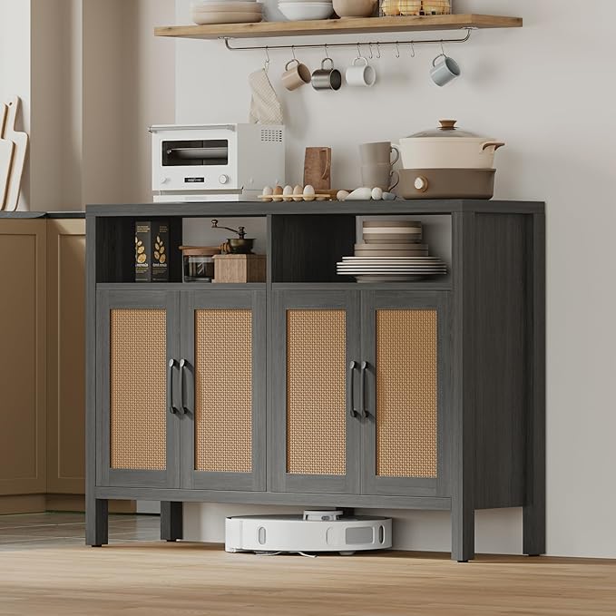 Mericonia Rattan Buffet Cabinet with Storage, Sideboard with Doors, Console Table, Farmhouse Coffee Bar, Modern Wood Storage Cabinets TV Stand(Brown Black 2.0)
