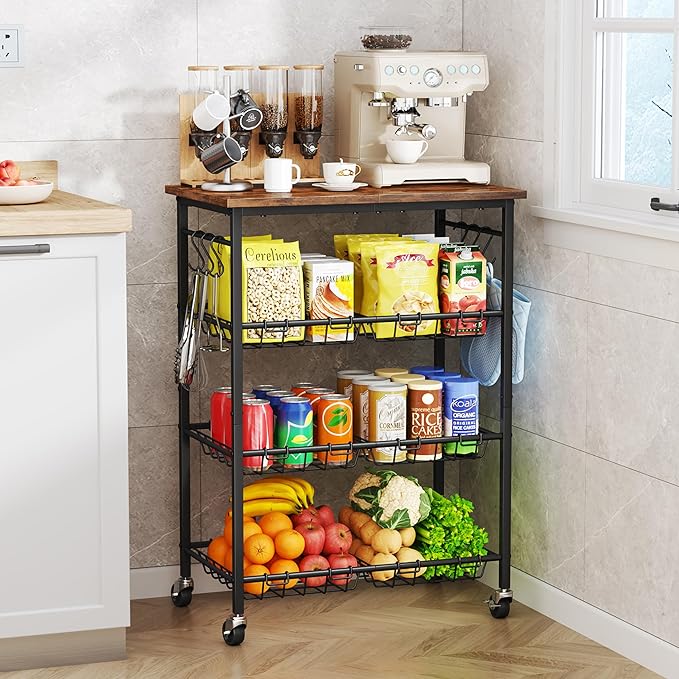 SWTYMIKI Rolling Kitchen Storage Cart - 4 Tier Microwave Table Stand with 6 Storage Baskets, Coffee Bar with Wheels, Kitchen Utility Cart Shelf Rack Organizer for Fruit, Vegetables, Potato (Brown)