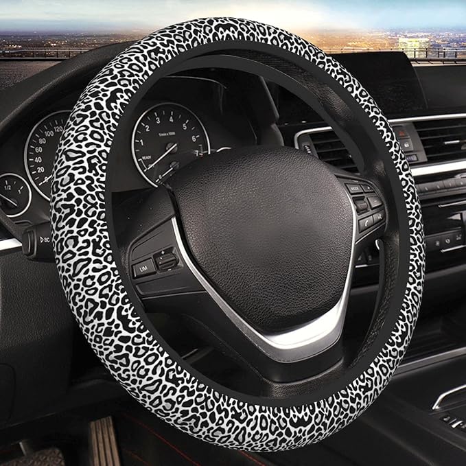 Black and White Leopard Print Universal Fit Steering Wheel Cover for Car, Truck, and SUV, Durable Steering Wheel Protection