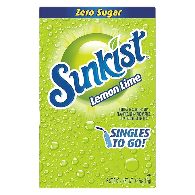 Sunkist Singles-To-Go Drink Mix, Lemon-Lime, Non-Carbonated, Low-Calorie, Zero Sugar, 6 CT in each box (Pack of 6)