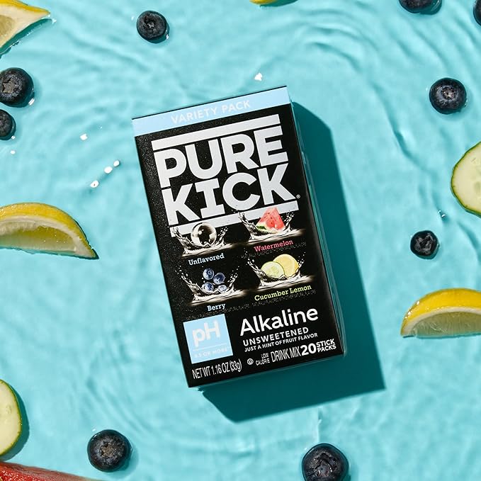 Pure Kick Alkaline Singles to Go! Powdered Drink Mix, 20ct Variety Pack, Unsweetened with a Hint of Flavor - Watermelon, Berry, Cucumber Lemon and Unflavored, 20 Servings (Pack – 1)