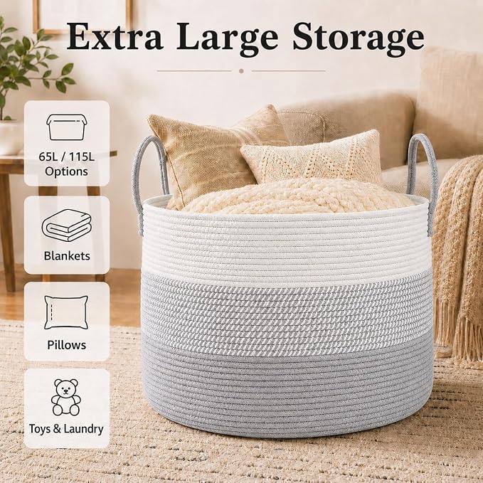 JMvicyroam 65L Extra Large Blanket Basket for Living Room - Woven Cotton Rope Laundry Hamper with Reinforced Handles - Storage Bin for Pillows, Comforters & Toys - Machine Washable,White&Grey Mix