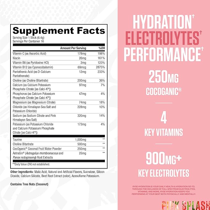 RYSE Hydration Electrolyte Powder Drink Mix Packets - Pink Splash - Sugar-Free Full Spectrum Electrolytes with Essential Vitamins, Taurine and Choline for Rehydration - 16 Serving Sticks
