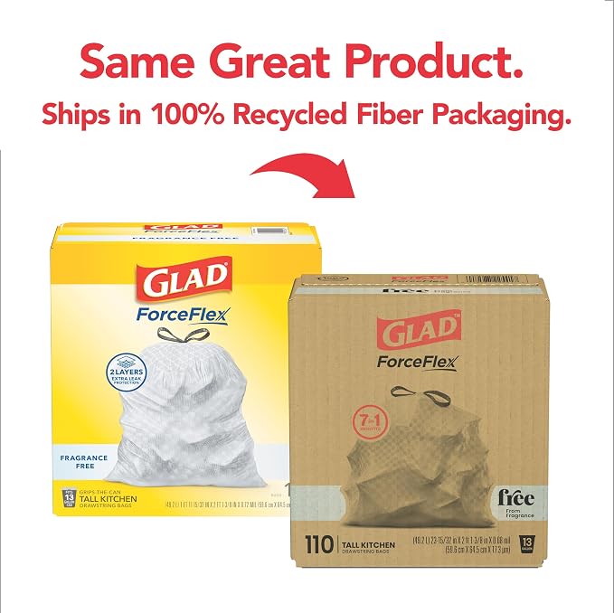 Glad ForceFlex Tall Kitchen Trash Bags, 13 Gallon, Fragrance Free, 110 Count (Package May Vary)