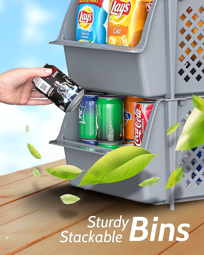 Skywin Stackable Storage Bins Open Front for Pantry Storage, 4 Pack - Grey | Sturdy Plastic, Easy Stacking, Open Front Access, Ventilated Sides, Vertical & Space Saving Pantry Organizers and Storage Bin