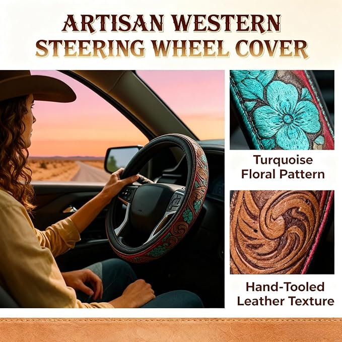 Retro Western Cowboy Car Universal Steering Wheel Cover – Western Steering Wheel Cover for Men & Women - 15 Inch Embossed Leather Anti-Slip Grip–Universal Fit for Truck, SUV, Car (C)