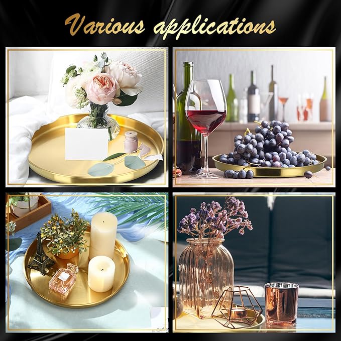 Thenshop 1 Pcs 12 Inch Gold Round Serving Tray Stainless Steel Circle Decorative Vanity Gold Plate Metal Jewelry Makeup Organizer Dishes for Gift Wedding Coffee Table Bathroom Dessert Christmas