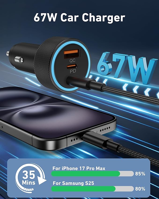 67W USB C Car Charger Super Fast Charging, 2Pack 3-Port 12-24V Car Accessories Phone Cigarette Lighter Adapter with USB C PD&QC 3.0 Fast Charger for iPhone 17 16 15 14 13 12 11 Pro Max, iPad, Galaxy