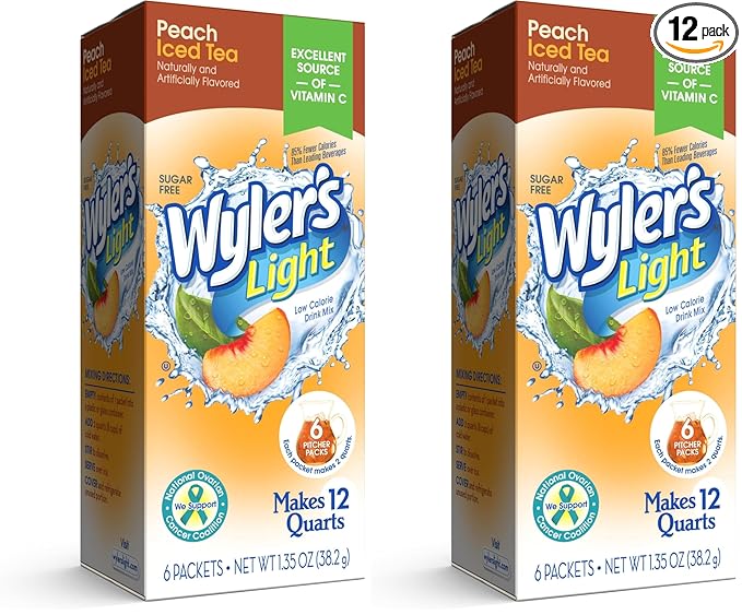 Wyler's Light Pitcher Packs, Water Drink Mix,Peach Iced Tea,6 Pitcher Packets (Pack of 2)