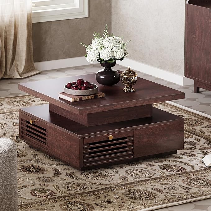 IRONCK Coffee Table with LED Light and Charging Station, 4 Storage Drawers with Grille Design, Square Coffee Table for Living Room Office Reception Room (Walnut)