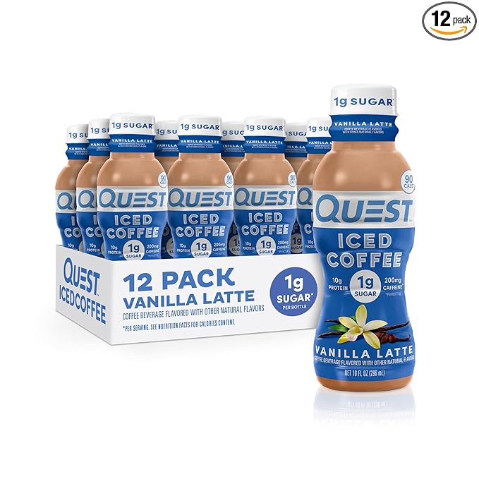 Quest Nutrition Iced Coffee, Vanilla Latte, 1g of Sugar, 10g of Protein, 90 calories, 200mg of caffeine, 12 Count