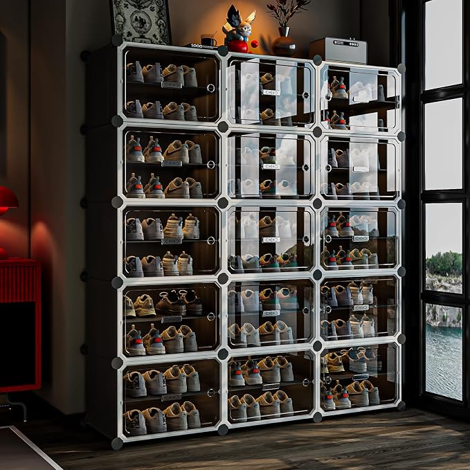 MAGINELS 6-Tier Shoe Rack,Expandable Plastic Shoe Cabinet. Shoe Storage with Door,Entryway, Closets, Hallway, and Bedroom.Accommodates Up to 24 Pairs of Shoes.Grey (3 by 10-(60 Pairs))