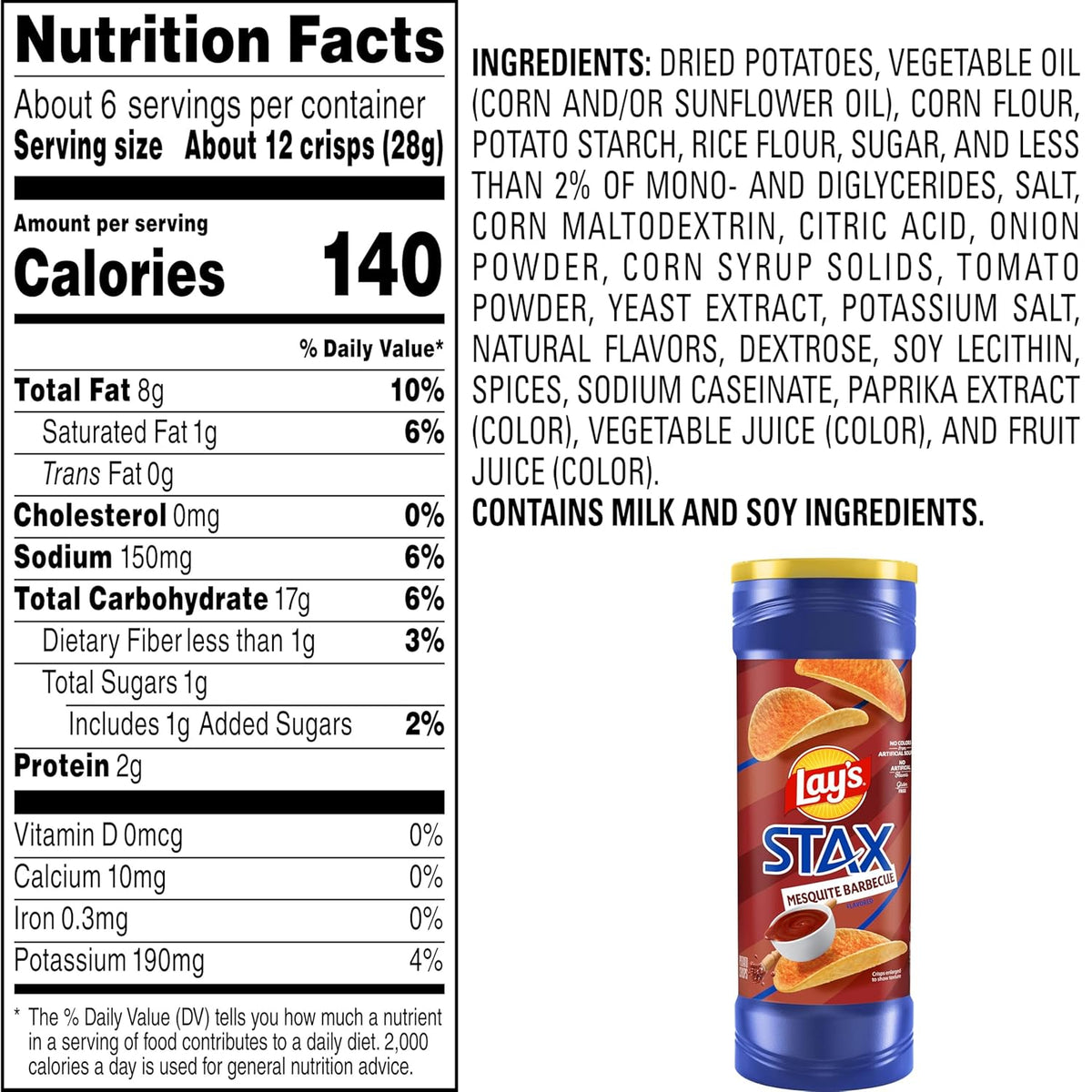 Lay’s Stax Potato Crisps Chips, Mesquite BBQ, Gluten Free, 5.5 Oz Canister Pack