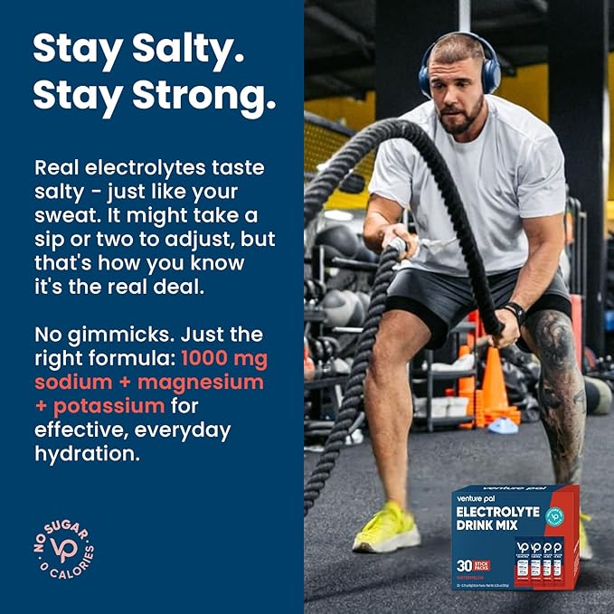 Venture Pal High Sodium Sugar-Free Electrolyte Powder Packets - Hydration Packets with Sodium, Potassium & Magnesium | Zero Calories | Vegan, Keto, and Paleo Friendly | 30 Sticks