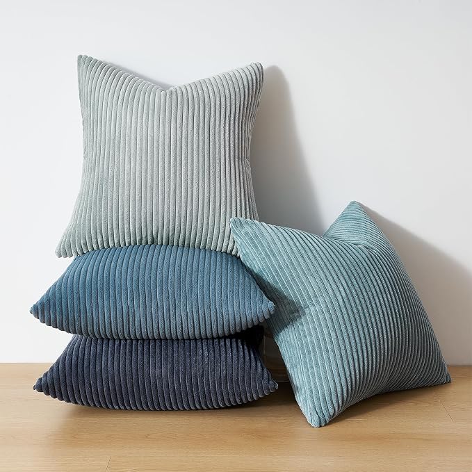 Topfinel BlueGray Throw Pillow Covers 18x18 Inch Set of 4,Soft Accent Corduroy Decorative Cushion Cover,Square Modern Pillow Case for Beach,Patio,Balcony,Living Room,Summer Gradient Shams Home Decor