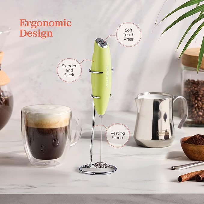 Powerful Handheld Milk Frother, Mini Milk Foamer, Battery Operated Stainless Steel Drink Mixer with Frother Stand