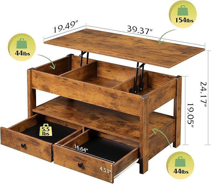 WLIVE Coffee Table, Lift Top Coffee Table with 2 Drawers, Large Storage and Open Shelf, Lift Tabletop for Living Room, Rustic Brown