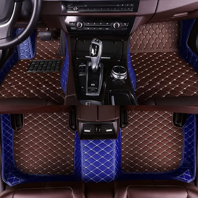 Custom Making Car Floor Mats for 90% Car Model Luxury Leather All Weather Waterproof Anti-Skid Full Coverage Liners (Coffee and Blue)