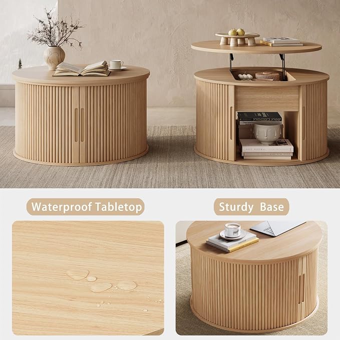 LINSY Lift Top Coffee Table, Round Fluted Coffee Table with Storage, Boho Wooden Coffee Tables with Sliding Tambour Door, 31.5" Center Table for Living Room, Office, Small Space, Natural Oak