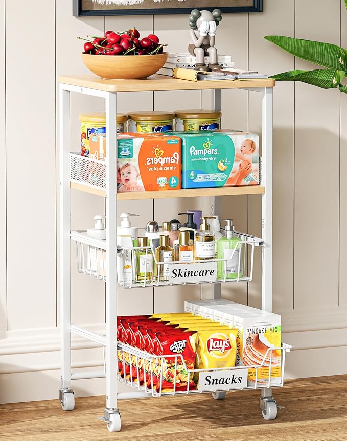 4 Tier Rolling Cart with Drawer Baskets, Metal Utility Storage Cart with Wheels and Wood Top for Living Room, Kitchen, Home Office, Bedroom, Pantry, Baby Essential, Craft, Snack, Makeup, White